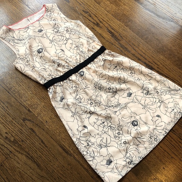 Nude Cream Peach Abstract Drawing Floral Sleeveless Ribbon Dress - Picture 2 of 7